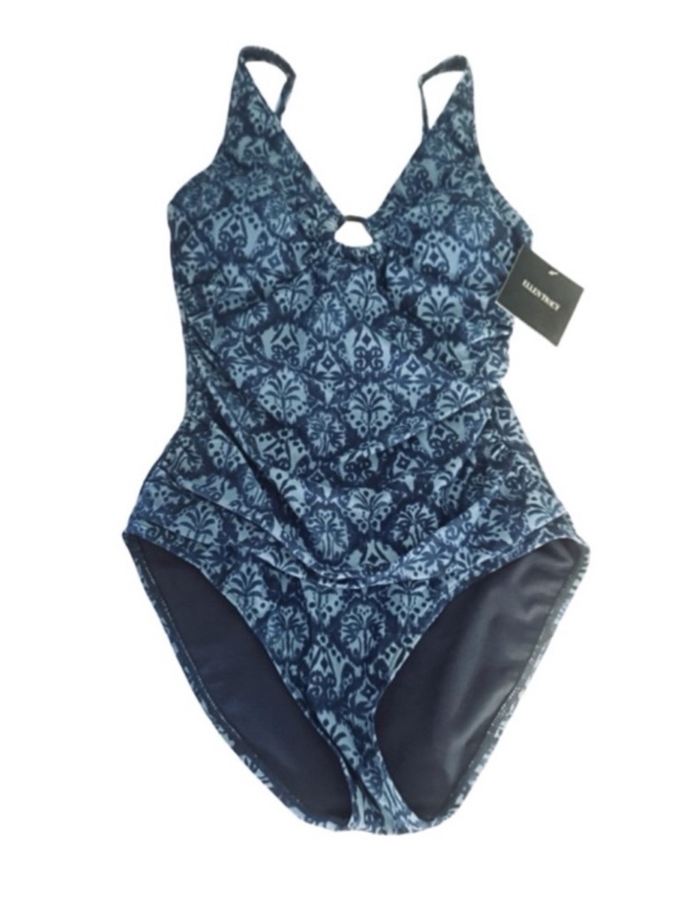 NEW Ellen Tracy One Piece Swimsuit O-Ring Triangle Cups Blue Size 8